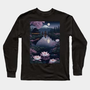 Serene Mount Fuji Sunset - Peaceful River Scenery - Lotus Flowers Long Sleeve T-Shirt